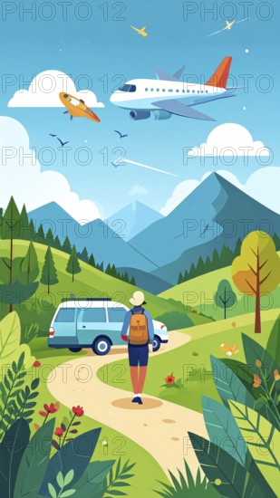 Traveling and hiking in mountain landscape, abstract vector illustration, AI generated image