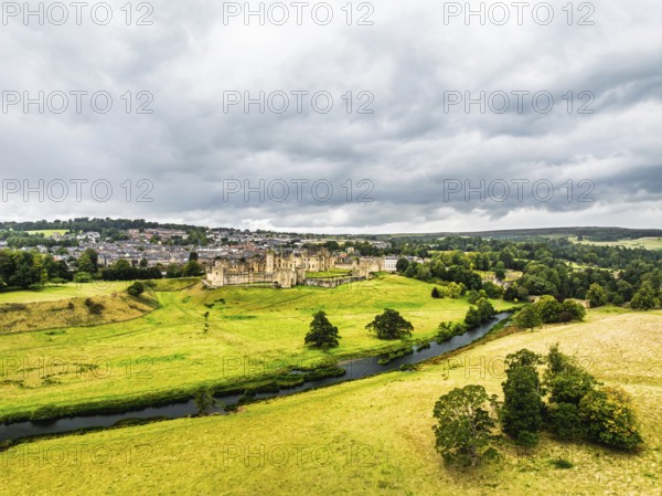 Alnwick Castle from a drone, Alnwick, Northumberland, England, United Kingdom