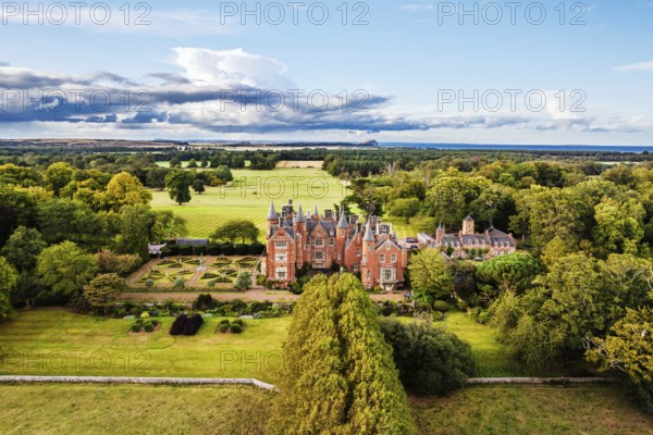 Tyninghame House over River Tyne from a drone, East Lothian, Scotland, UK