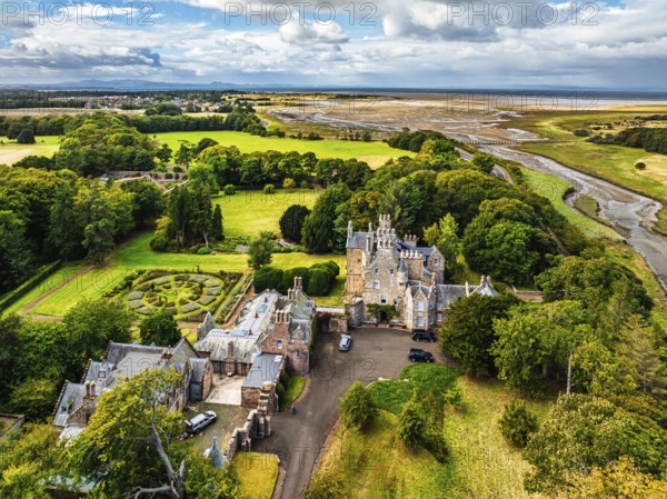 Luffness Castle from a drone, Aberlady, East Lothian, Scotland, UK
