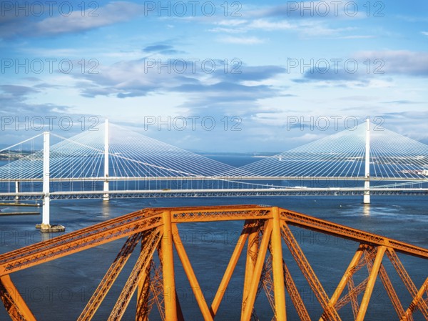 Forth Bridge from a drone, Queensferry Crossing, Forth Estuary, Scotland, United Kingdom
