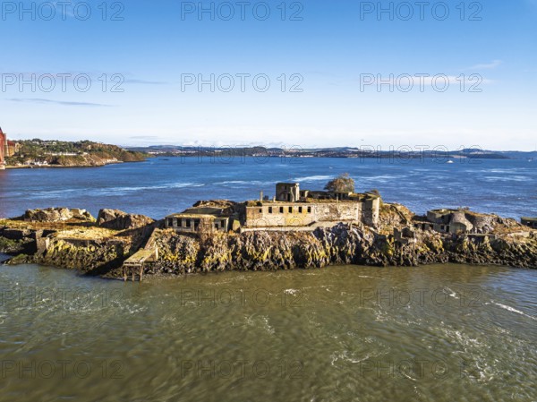 Inch Garvie Castle from a drone, Forth Bridge, Queensferry Crossing, Forth Estuary, Scotland, United Kingdom