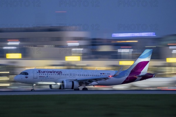 Eurowings Airbus lands at Düsseldorf Airport, North Rhine-Westphalia, Germany