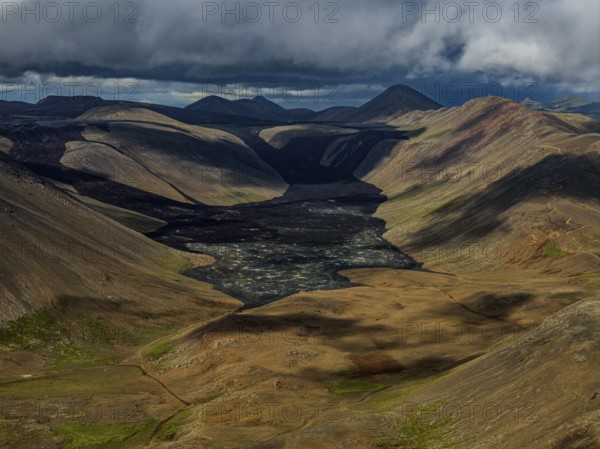 Lava, lava field, summer, cloudy, sunny, aerial view, Fagradalsfjall, Reykjanes, Iceland