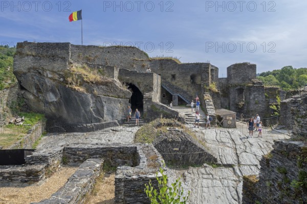 9th century medieval ruined hill castle overlooking the city La Roche-en-Ardenne in summer, province of Luxembourg, Ardennes, Wallonia, Belgium
