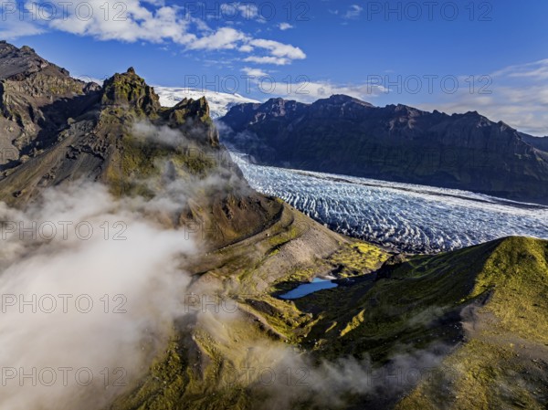 Glacier, glacier tongue, sunny, morning mood, mountains, fog, aerial view, summer, Kviarjökull, Vatnajökull, Iceland