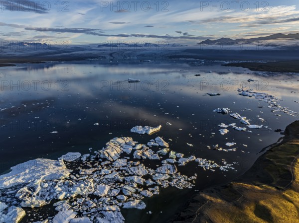 Ice floes, glacier, glacier tongue, fog, clouds, morning mood, mountains, reflection, aerial view, summer, glacier lagoon, Jökulsarlon, Vatnajökull, Iceland