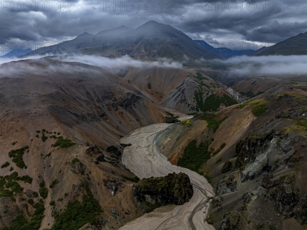 River, river course, river delta, mountains, clouds, canyon, gorge, summer, aerial view, Hvannagil, south-east Iceland, Iceland
