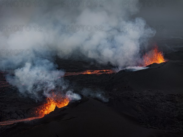 Lava, volcanic eruption, volcano, ash cloud, aerial view, Sundhnúkur crater chain, July 2025, Reykjanes Peninsula, Iceland