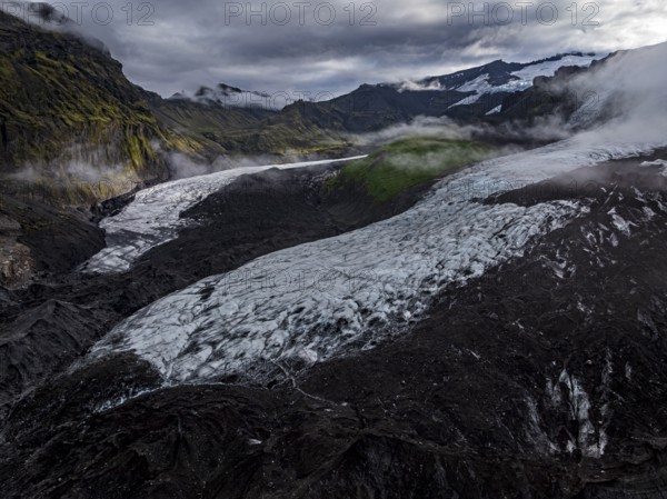Glacier, glacier tongue, mountains, cloudy, summer, aerial view, Fjalljökull, Skaftafell, Iceland