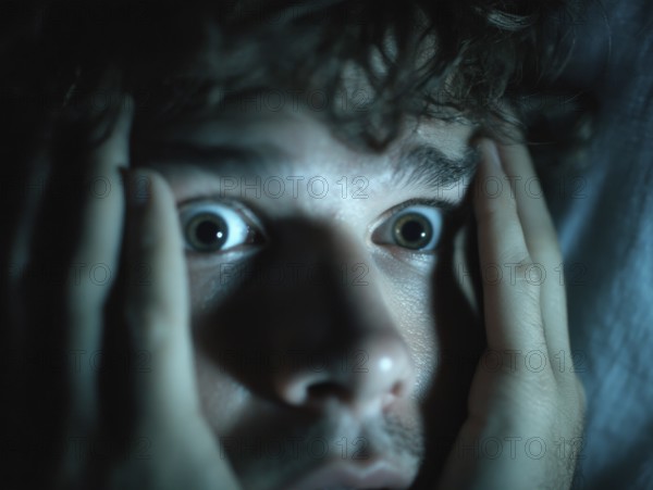 A close-up of a man whose face is marked by fear, symbolising anxiety disorders, panic attacks, mental illness, AI generated, AI generated