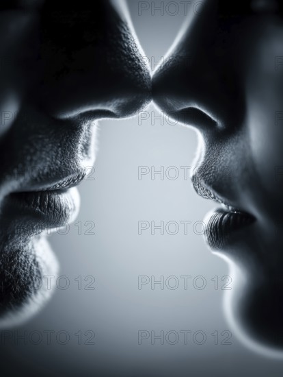 Symmetrical arrangement of two pairs of lips coming close together creates a feeling of intimacy, AI generated, AI generated