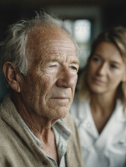 A young carer lovingly looks after a senior in a retirement home, nursing home, symbolic image for elderly care, need for care, need for protection, nursing home, nursing staff, care, care for the elderly, dementia, Alzheimer's, loneliness, isolation, loss, old age, AI generated