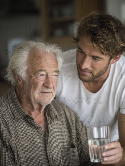 A young carer lovingly looks after a senior in an old people's home, nursing home, symbolic image for care for the elderly, need for care, need for protection, nursing home, nursing staff, care, care for the elderly, dementia, Alzheimer's, loneliness, isolation, loss, old age, AI generated