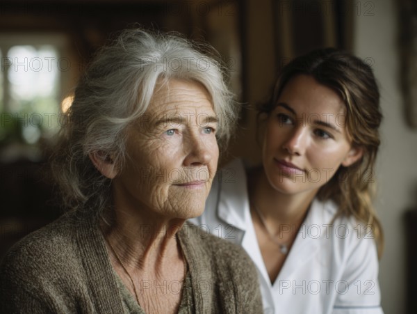 A young carer lovingly looks after a senior citizen in a nursing home, nursing home, symbolic image for elderly care, need for care, need for protection, nursing home, nursing staff, care, care for the elderly, dementia, Alzheimer's, loneliness, isolation, loss, old age, AI generated
