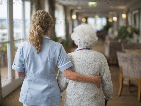 A carer assists an elderly woman walking along a bright corridor in a retirement home, nursing home, AI generated