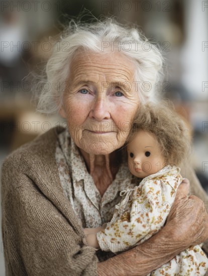 An elderly woman lovingly holds a doll in her arms, which radiates an emotional connection and calm, symbolic image for geriatric care, need for care, need for protection, nursing home, nursing staff, care, geriatric care, dementia, Alzheimer's, loneliness, isolation, loss, old age, AI generated