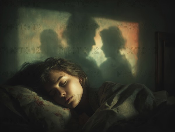 Sleeping woman with mystical shadow silhouettes in the background, symbolic image for sleep, event management, dream, mental activity during sleep, AI generated, AI generated