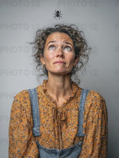 A woman looks in horror at a spider dangling from the ceiling, symbolising spider fear, arachnophobia, AI generated, AI generated