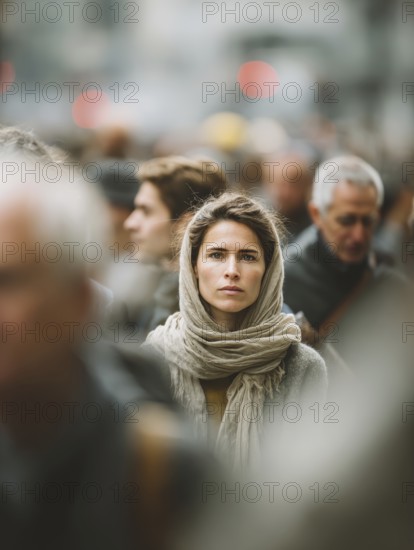 A woman stands in the middle of a crowd, symbolising mental health, stress in the big city, loneliness, social isolation, personal development, AI generated, AI generated