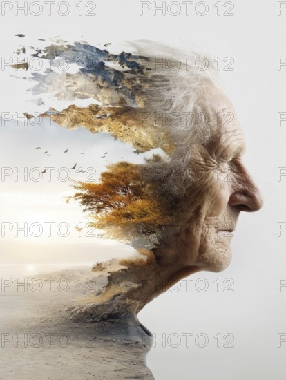 Double exposure of an elderly man and decaying parts of a landscape, symbolic image for memory loss, loss of identity, dementia, Alzheimer's, thoughtfulness, mental health, loss, ageing, fragility, old age depression, depression, AI generated