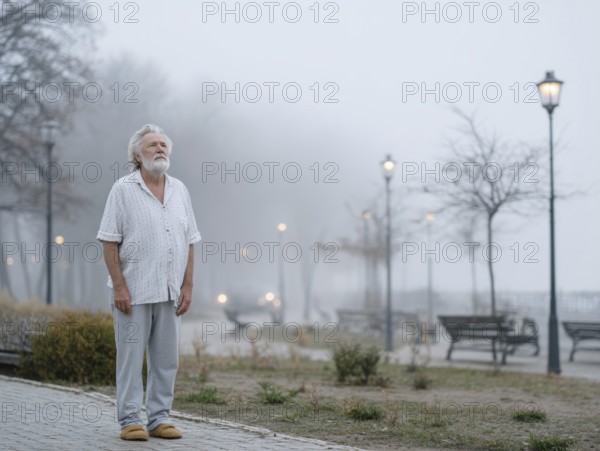 An elderly man in pyjamas stands in a cold, wintry environment, looking confused, helpless and disorientated, symbolising dementia, Alzheimer's, AI generated