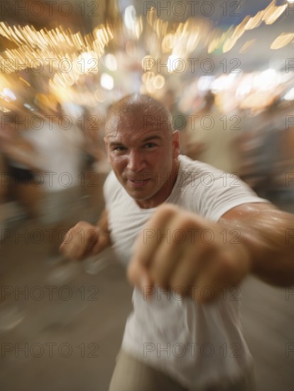 A man gets into a fighting stance, surrounded by dynamic movement and a background filled with lights, symbolic image for physical confrontation in public, use of force, physical violence, act of violence, aggressive behaviour, brawl, AI generated
