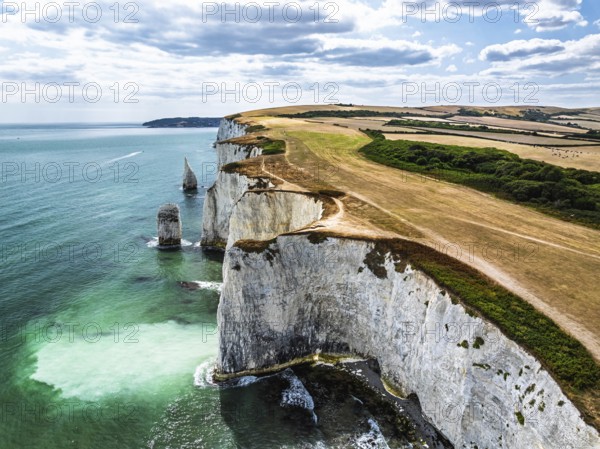 White Cliffs of Old Harry Rocks Jurassic Coast from a drone, Handfast Point, Dorset Coast, Poole, Dorset, England, United Kingdom