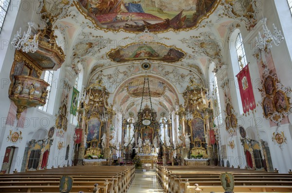 Interior, choir, main altar, pulpit, Catholic parish church of St Ulrich, Rococo, Seeg, Ostallgäu, Allgäu, Swabia, Bavaria, Germany