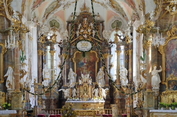 Interior view, choir, main altar, Catholic parish church of St Ulrich, Rococo, Seeg, Ostallgäu, Allgäu, Swabia, Bavaria, Germany