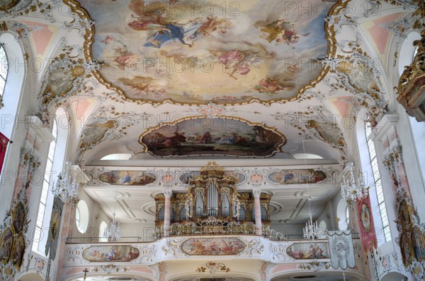 Interior photo, organ, organ loft, Catholic parish church of St Ulrich, Rococo, Seeg, Ostallgäu, Allgäu, Swabia, Bavaria, Germany
