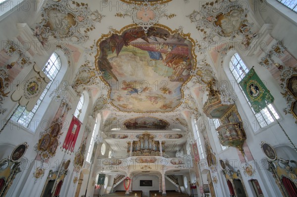 Interior, ceiling, ceiling fresco, main fresco by Enderle with the Trinity scene, naval battle of Lepanto, organ, Catholic parish church of St. Ulrich, Rococo, Seeg, Ostallgäu, Allgäu, Swabia, Bavaria, Germany