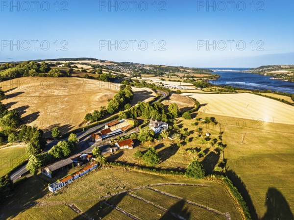 Farms and Fields over River Teign and Teignmouth Road from drone, Newton Abbot, Devon, England, United Kingdom