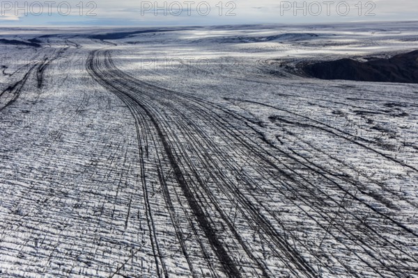 Glacier, crevasses, ice, aerial view, black ice, climate change, summer, Skeidararjökull, Skaftafell, Vatnajökull National Park, Iceland