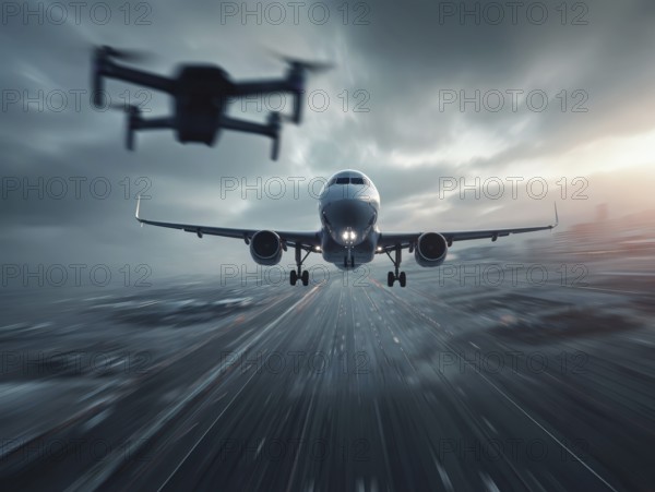 Ein Quadrocopter, Drohne, droht mit einem startenden Verkehrsflugzeug zu kollidieren, während ein Fernpilot das Fluggerät illegal über einer Startbahn eines Flughafens bewegt. Symbolbild für illegaler Drohnenbetrieb in der Flugverbotszone, Missachtung von Flugverbotszonen Kontrollierter Luftraum, Flugverbot, Betriebsverbot, gefährlicher Eingriff in den Luftverkehr, Flugverkehr, Luftfahrtrecht, AI generiert, AI generated