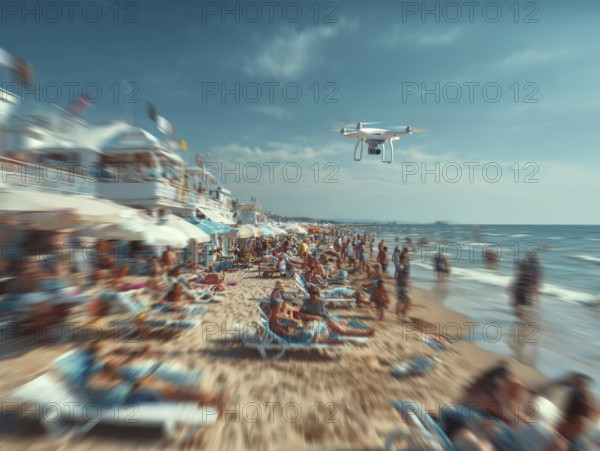 Ein Fernpilot steuert sein Quadrocopter, Drohne über einen dicht besetzten Badestrand, um illegale Videoaufnahmen oder Fotos zu erstellen, Symbolbild für unbefugtes Fotografieren von Personen, innerhalb eines geschützten, abgeschirmten Bereiches, Verletzung der Privatsphäre, Persönlichkeitsrechte, Missachtung von Flugverbotszonen, Flugverbot über Menschenmengen, Versammlungen, Datenschutz, AI generated