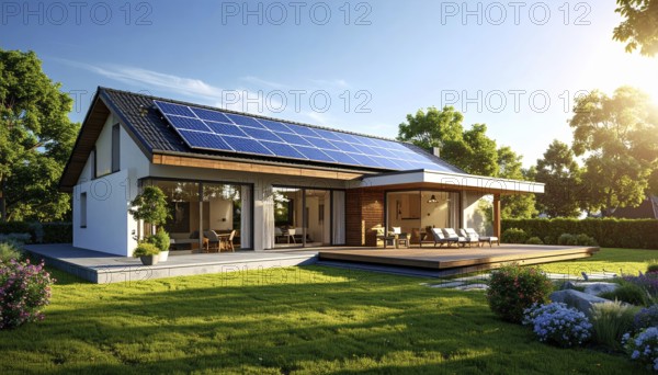 Residential house with solar panels on the roof, beautiful sunrise, AI generated