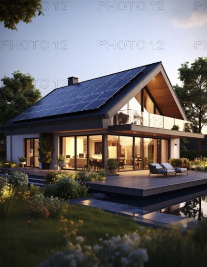Residential house with solar panels on the roof, beautiful sunrise, AI generated