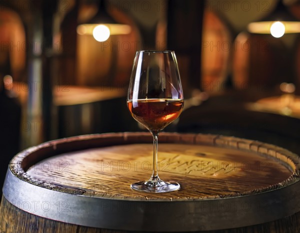 Glass of 10-year-old tawny wine placed on a barrel in a vineyard restaurant, AI generated