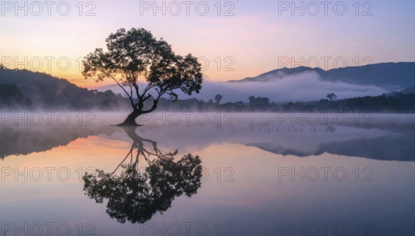 Lone single tree reflected in the still waters of a foggy lake at sunrise, AI generated