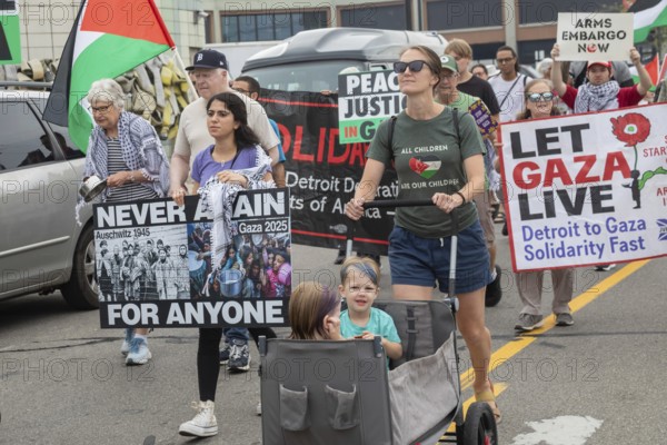 Detroit, Michigan USA - 23 August 2025 - Protesters rally at Eastern Market, banging empty pots to protest starvation in Gaza