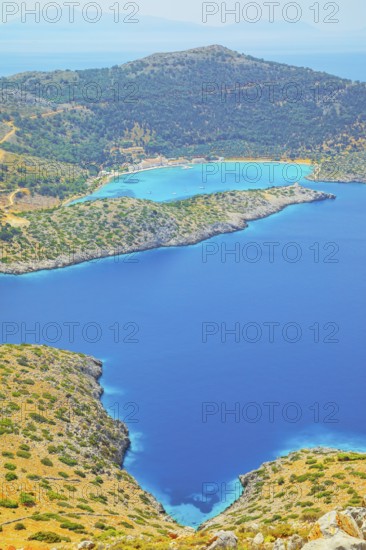 Panormitis bay, high angle view, Panormitis, Symi Island, Dodecanese Islands, Greece