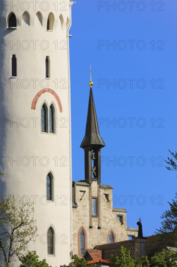 Lichtenstein Castle, fairytale castle of Württemberg, romantic fairytale castle on the eaves of the Swabian Alb, historicism, architecture, new building 1840-1842, according to plans by architect Carl Alexander Heideloff, 19th century, Honau, municipality of Lichtenstein, Baden-Württemberg, Germany