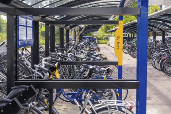 Bicycle parking spaces and boxes on the cycle path in the east of Utrecht, at Utrecht-Lunetten railway station, direct connection of the cycle path to the railway station and bus station, covered bicycle stands, on the Maarschalkerweerdpads cycle path, Netherlands