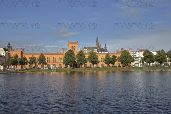 Pfaffenteich with arsenal, church tower of St Paul's Church, shore, lake, Schwerin, Mecklenburg-Western Pomerania, Germany