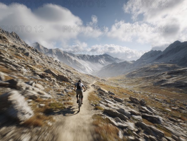 A single mountain biker quickly rides a trail in the high mountains, motion blur, AI generated, AI generated