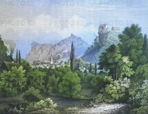 Castle and town of Pottenstein, climatic health resort, Franconian Switzerland, around 1850, district of Bayreuth, Upper Franconia, Bavaria, Germany, digitally enhanced reproduction from a 19th century original, coloured, historical, exact date unknown