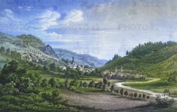 Muggendorf, climatic health resort, around 1850, Franconian Switzerland, district of Forchheim, Upper Franconia, Bavaria, Germany, digitally enhanced reproduction from a 19th century original, coloured, historical, exact date unknown