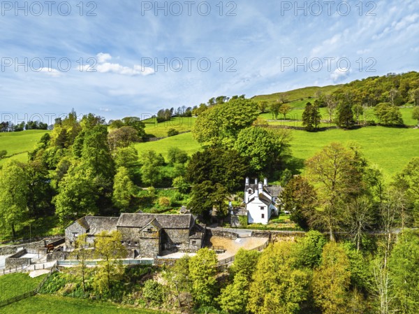 Farms and Fields from a drone, Townend house, Troutbeck, Windermere, Lake District, Cumbria, UK