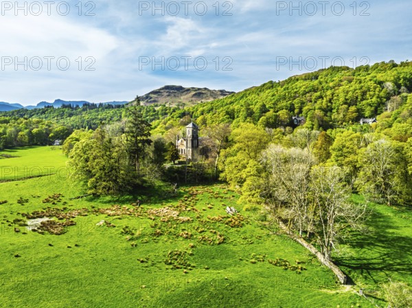 Holy Trinity Church from a drone, Bog Lane, Brathay village, Lake District, Cumbria, England, United Kingdom